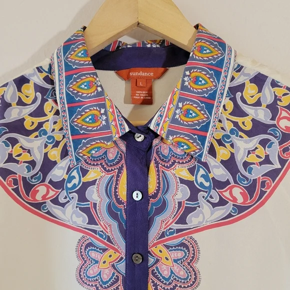 Sundance Ivory 100% Silk Floral Button-Up Blouse Sz L Boho Office Siren Peasant